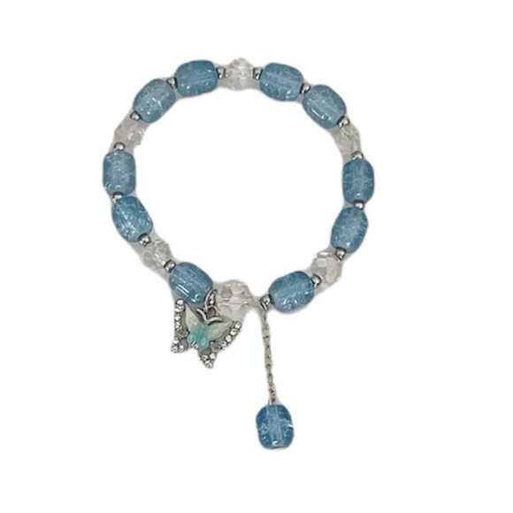 Blue and Clear Beaded Stretch Small Bracelet with Butterfly Charm - Picture 3 of 17